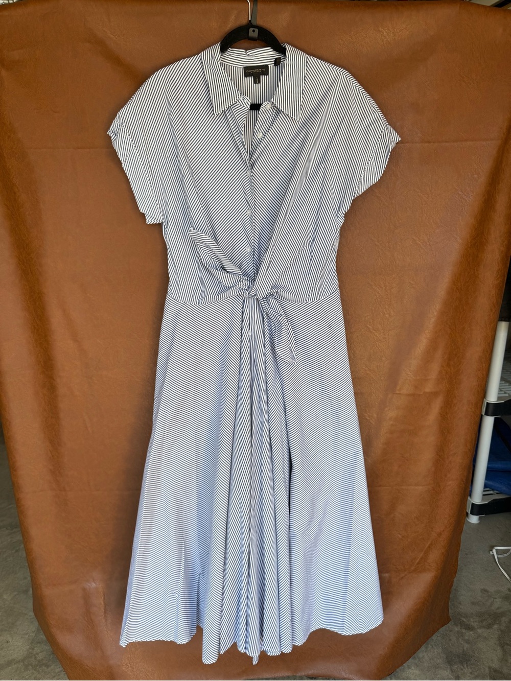 Donna Karan Weekend Stripe Tie Front Maxi Shirt Dress L NWT $199 Blue White - Picture 2 of 8